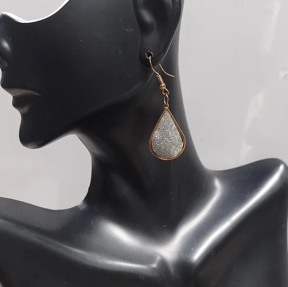 E739 Goldtone Teardrop with Silver Sparkle Glitter Accent Earrings - Picture 5 of 7